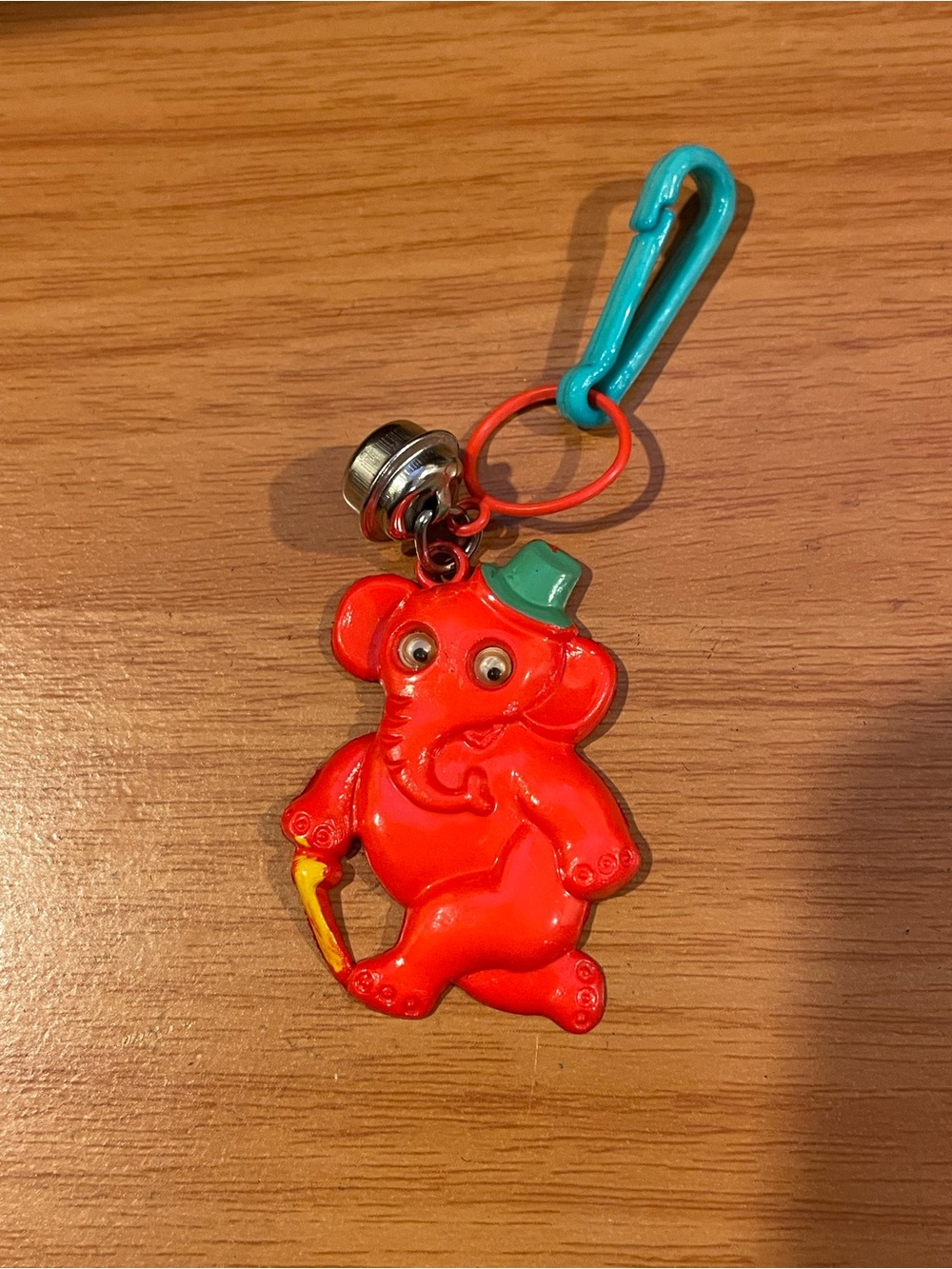 Vintage 1980s Plastic Bell Charm Red Dancing Elephant Hat & Cane 80s Necklace